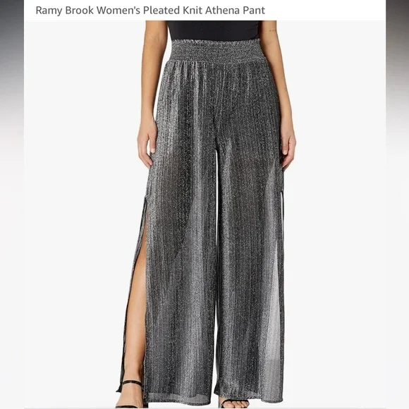 NWT Ramy Brook Pleated Athena Pants Black with Silver Metallic Knit Wide-Leg - Picture 2 of 8